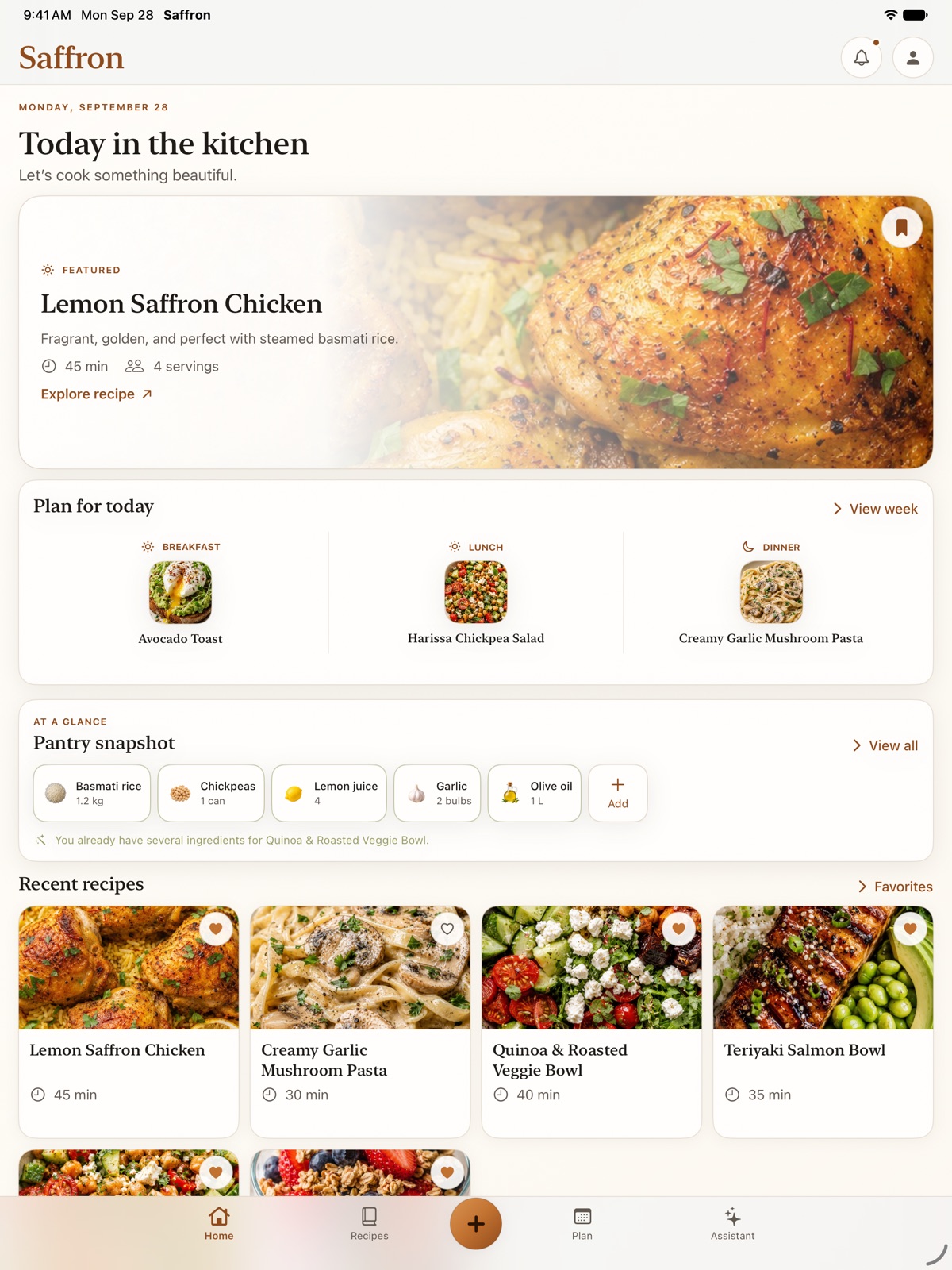 Saffron home on iPad: featured recipes, today’s meals, and pantry overview